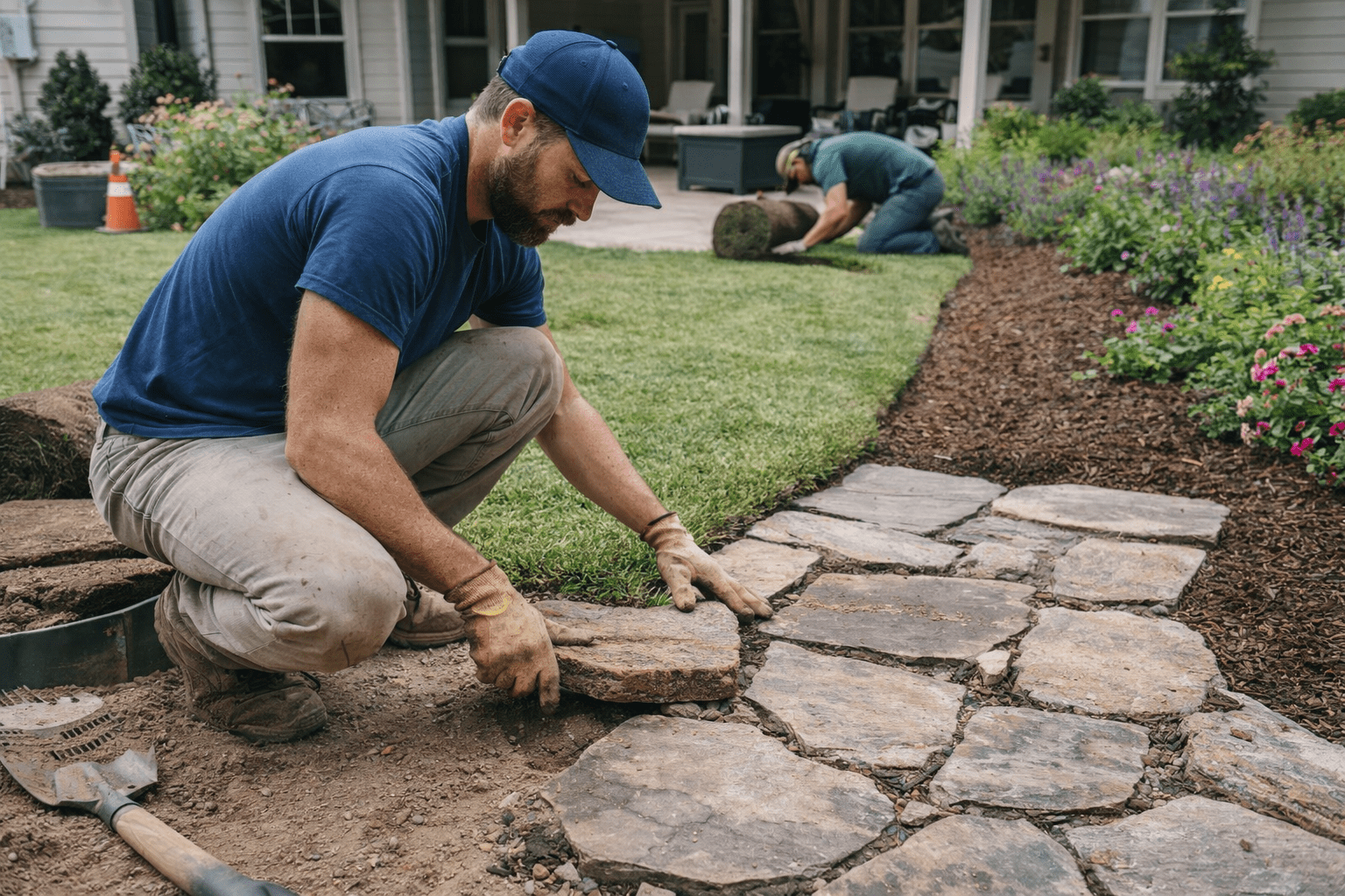 Two professional landscapers installing stone pavers in a residential yard, highlighting lawn care in Smyrna, GA, services by All Pro Landscaping.
