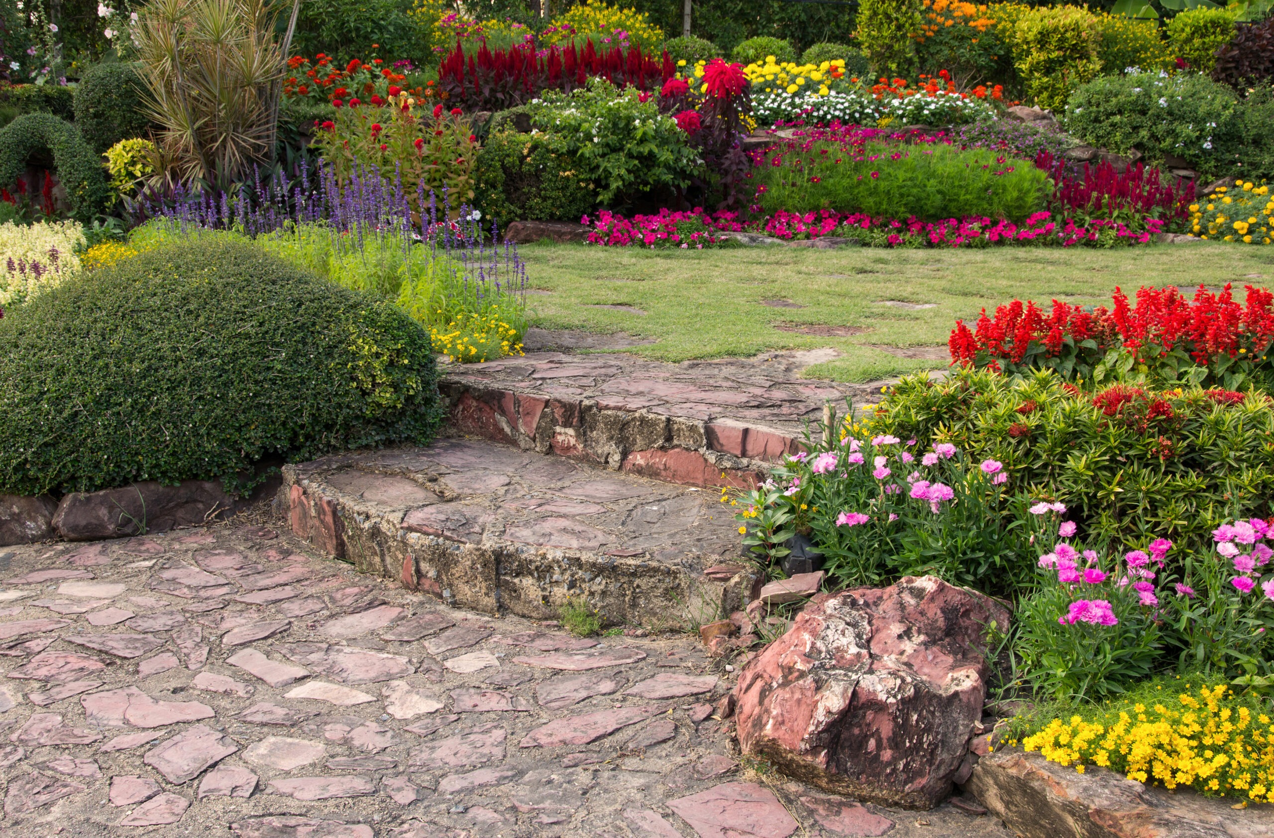 Residential stone walkway with vibrant flower beds and professional landscaping design by All Pro Landscaping in Smyrna, GA.