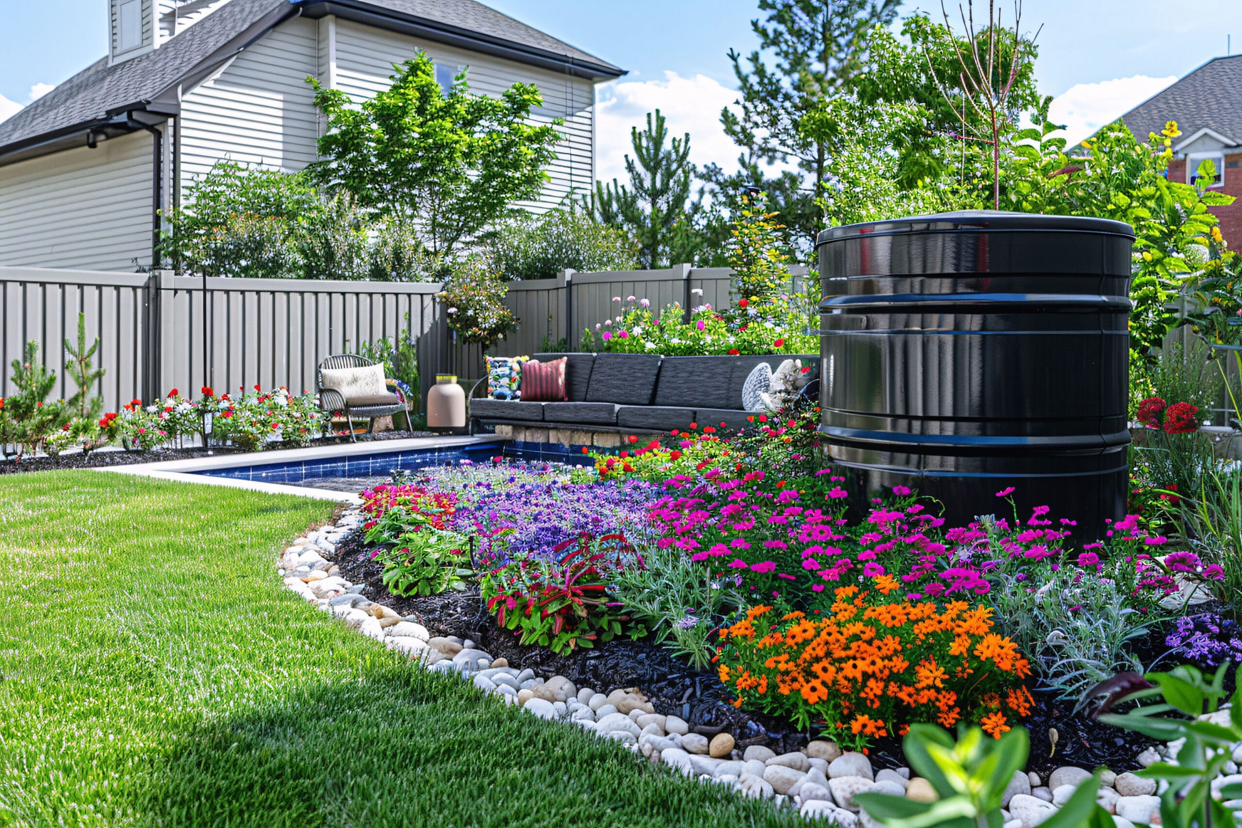 Residential backyard landscaping with colorful flower beds, manicured lawn, outdoor seating area, and garden design by All Pro Landscaping, a landscaper in Smyrna, GA.